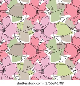 Elegant continuous line seamless pattern with hibiscus flowers, design elements. Floral  pattern for invitations, cards, print, gift wrap, manufacturing, textile, fabric, wallpapers