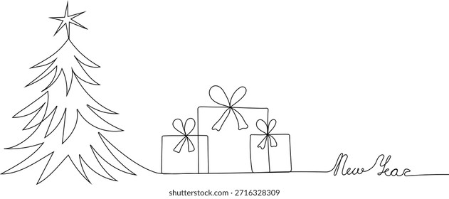 Elegant continuous line vector illustration of a New Year tree decorated with gifts and a festive greeting. This minimalist line art design combines modern simplicity with holiday warmth, making it perfect for greeting cards, invitations, posters, social media, branding, winter promotions, and seasonal graphic projects.