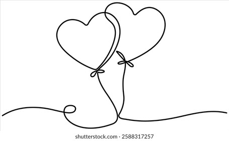 Elegant continuous one line drawing of a heart shaped balloon.  balloon one line drawing birthday celebration. Holiday festive present gift concept.
