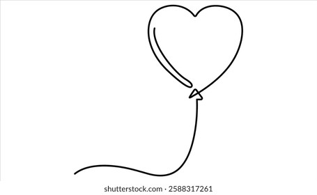 Elegant continuous one line drawing of a heart shaped balloon.  balloon one line drawing birthday celebration. Holiday festive present gift concept.
