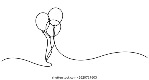 Elegant continuous one line drawing of a heart shaped balloon a minimalist vector illustration, One line drawing. Balloon continuous line art. Birthday party decoration, Drawing on white background.
