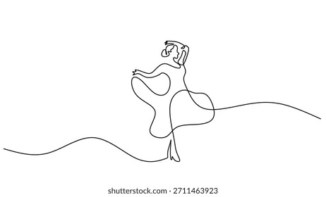 Um desenho de uma linha contínua elegante de uma performance espanhola. Uma dançarina de flamenco com um vestido tradicional. Ilustração vetorial simples.