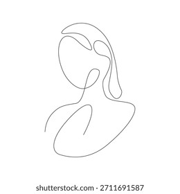 Elegante desenho contínuo de uma linha do rosto de uma mulher e cabelo de comprimento do ombro. Um design de retrato moderno e abstrato adequado para logotipos minimalistas, impressões ou projetos de arte de parede. Gráfico de ilustração vetorial.
