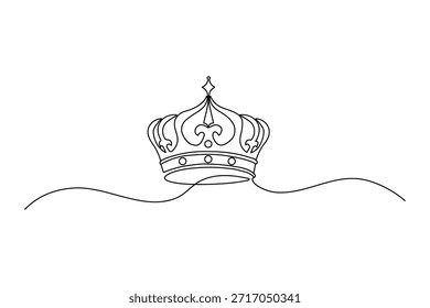 Elegante desenho contínuo de uma linha de uma coroa real clássica. Contorno preto minimalista sobre fundo branco para marca de luxo e design heráldico.