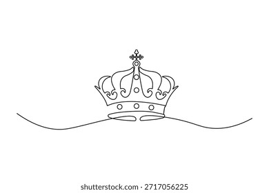 Elegante desenho contínuo de uma linha de uma coroa real detalhada. Contorno preto minimalista sobre fundo branco para marca de luxo e design heráldico.