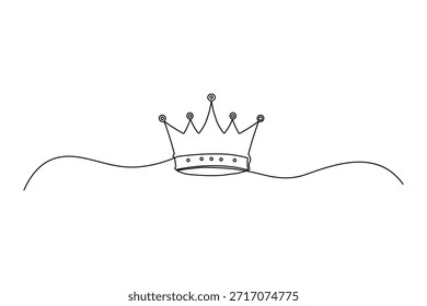 Elegante desenho contínuo de uma linha de uma coroa real. Contorno preto minimalista sobre fundo branco para marca de luxo e design heráldico.