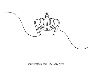 Elegante desenho contínuo de uma linha de uma coroa real. Contorno preto minimalista sobre fundo branco para marca de luxo e design heráldico.