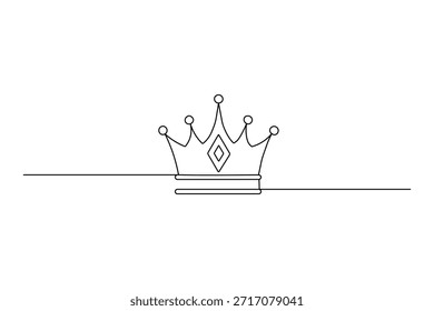 Elegante desenho contínuo de uma linha de uma coroa real. Contorno preto minimalista sobre fundo branco para marca de luxo e design heráldico.