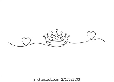 Elegante desenho contínuo de uma linha de uma coroa real com detalhes do coração. Contorno preto minimalista sobre fundo branco para marcas de luxo.