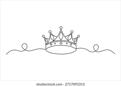 Elegante durchgehende einzeilige Zeichnung einer königlichen Krone mit Diamantdetails. Minimalistischer schwarzer Umriss auf weißem Hintergrund für Luxus-Branding.