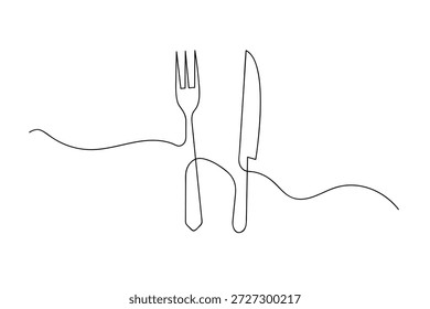 Elegant continuous one line drawing of a knife and fork. Perfect for minimalist restaurant menus, cafe logos, or modern kitchen decor. Clean black outline on a white background.