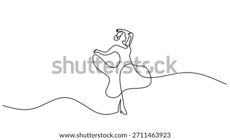An elegant continuous one line drawing of a spanish performance. A female flamenco dancer in a traditional dress. Vector illustration simple.