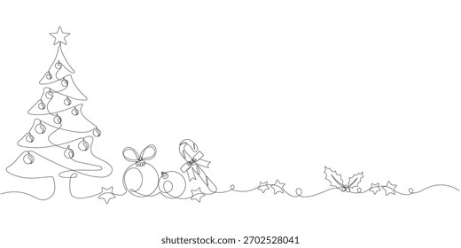 Elegante desenho contínuo de uma linha de uma borda de canto de Natal. Perfeito para cartões de felicitações de férias minimalistas, cabeçalhos de site, banners ou detalhes de design festivos. Ilustração vetorial.