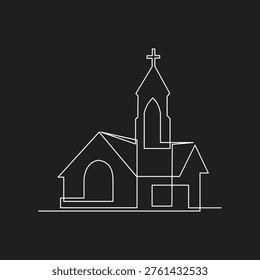 An elegant, continuous single line drawing depicts a church building featuring an arched entrance, a steeple, and a prominent cross, set against a stark black background. This minimalist vector illustration is perfect for conveying themes of faith, spirituality, and community in modern designs, religious materials, or architectural concepts.