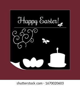 Elegante tarjeta de felicitación de Pascua. Siluetas blancas sobre fondo negro con esquina. Torta de Pascua, huevos, mariposas, rizos, marco rojo. Vector dibujado a mano para postales, carteles, volantes, banner.
