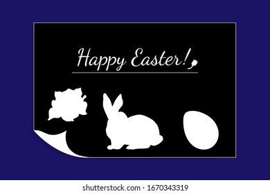 Elegant contrasting Easter greeting card. White silhouettes on a black background with a page corner. Rose, rabbit and egg with blue frame. Hand drawn vector for postcards, posters, flyers, banner.