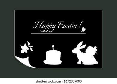 Elegant contrasting Easter greeting card. White silhouettes on a black with a page corner. Flower, Easter cake and rabbit with a green frame. Hand drawn vector for postcards, posters, flyers, banner.