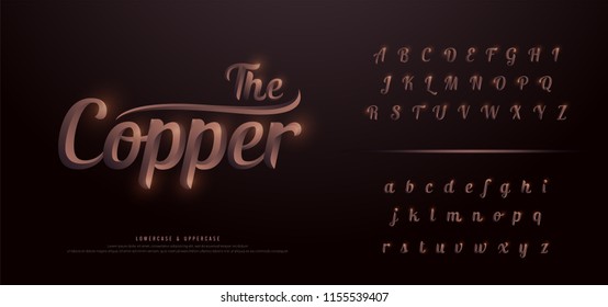 Elegant Copper Colored Metal Chrome alphabet font. Copper typography classic style italic font set. vector illustration