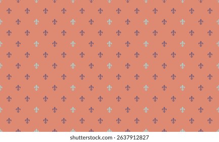 Elegant coral background featuring a repeating pattern of stylized fleurdelis in muted purple and green.  Perfect for website design, textile prints, or as a decorative element.
