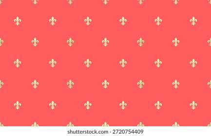 Fundo de coral elegante com um padrão repetitivo de fleurdelis de ouro. Este design sofisticado evoca a realeza, a herança e o estilo clássico, perfeito para convites, sites ou embalagens.