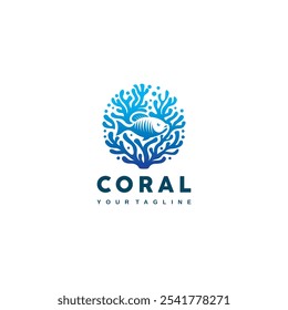 Ilustração De Vetor De Design De Logotipo De Coral Elegante Com Tema De Peixe E Mar Azul