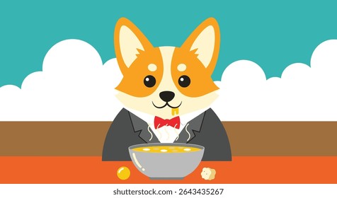 Elegante Corgi Desfrutando de uma tigela de deliciosas moedas de ouro em uma mesa ao ar livre