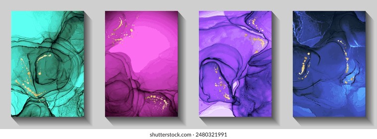 Elegant corporate business card patters vector set. Liquid alcohol ink texture, foil spatter. Premium birthday greeting card backdrops, flyers collection. Decorative paper prints.