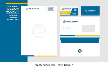 Elegant corporate stationery design, corporate trademark identity design. Letterhead, envelope and business card mockup design