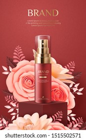 Elegant cosmetic ads with paper art blossoms on burgundy red background, 3d illustration