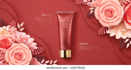 Elegant cosmetic ads with paper art blossoms on burgundy red background, 3d illustration flat lay