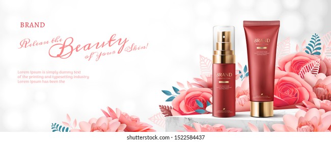 Elegant cosmetic ads with paper art blossoms on bokeh glitter background, 3d illustration