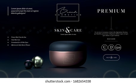 Elegant Cosmetic Black And Gold Background Cream Jar For Skin Care Products. Luxury Facial Cream. Beautiful Flyer Or Banner Design For Cosmetic Ads. Cosmetic Premium Cream Template. Makeup Brand