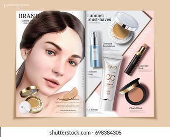 Elegant cosmetic brochure design, skincare and makeup products on geometric background magazine or catalog for design uses, beautiful model with compact foundation in 3d illustration