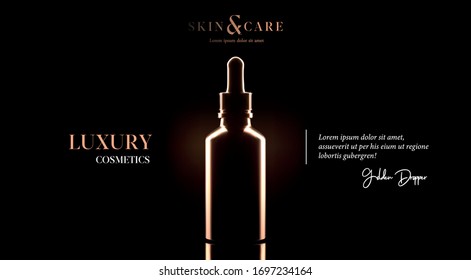 Elegant cosmetic dropper for skin care on black background. Vector golden cosmetic dropper mock up. Beautiful cosmetic template for ads. Makeup products brand background. Dropper flyer