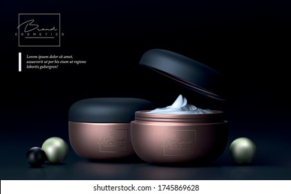Élégant bocal de crème cosmétique pour soins de la peau sur fond noir. Beau modèle cosmétique pour les publicités. Marque de produits de maquillage. Vecteur réaliste 3d noir et or matte de plastique mat noir se moque.