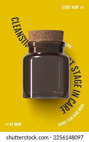 Elegant cosmetic jar made of brown glass with a cork lid on a yellow background close-up. Vector background eps