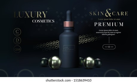 Elegant cosmetic oil dropper for skin care products on black and gold background. Luxury dropper bottle. Beautiful flyer or page banner design for cosmetic ads. Premium template for makeup brand