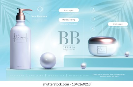 Elegant cosmetic products set background. Vector 3D Premium cream jar for skin care products. Luxury facial cream. Cosmetic ads flyer or banner design. Cosmetic poster template. Make up products brand