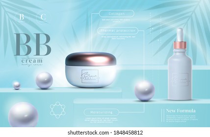 Elegant Cosmetic Products Set Background. Vector 3D Premium Cream Jar For Skin Care Products. Luxury Facial Cream. Cosmetic Ads Flyer Or Banner Design. Cosmetic Poster Template. Make Up Products Brand