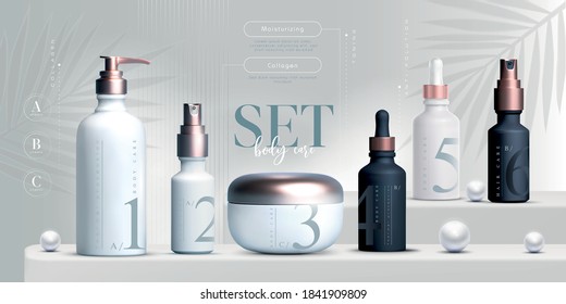 Elegante conjunto de productos cosméticos de fondo, tarro crema premium para productos de bienvenida. Crema facial de lujo. Diseño de pancartas o volantes de anuncios cosméticos. Plantilla de crema cosmética azul. Marca de productos de maquillaje