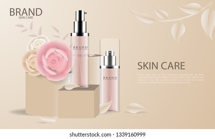 Elegant cosmetic set skin care ad with spray bottle on cream color background, paper rose flowers on column in 3d illustration, 3d illustration 