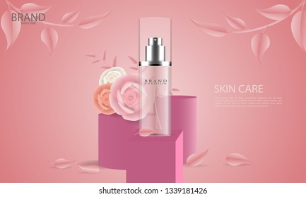 Elegant cosmetic skin care ad with spray bottle on pink background, paper rose flowers on column in 3d illustration, 3d illustration 