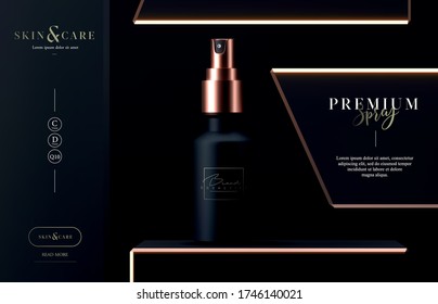 Elegant cosmetic spray for skin care on black background. Realistic vector 3d black and gold matte cosmetic spray mock up. Beautiful cosmetic flyer or banner template. Makeup products brand.