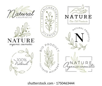 Elegant cosmetics labels with inscriptions vector illustration. Modern design for cosmetology products flat style. Pastel colour with texts. Isolated on white background