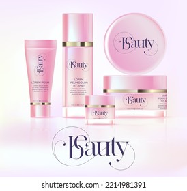 Elegante conjunto de maquillaje de empaques de cosméticos. Plantillas para contenedores de cosméticos. Diferentes jarras, botellas, tubos y tarros para la crema. 