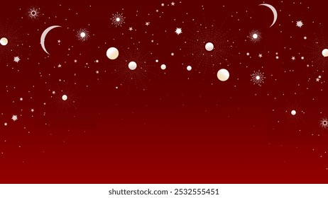 Elegant cosmic design featuring golden moons, stars, and celestial bodies against a deep red background. Perfect for festive decor, invitations, posters, and luxury-themed projects.