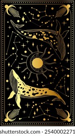 Elegante diseño cósmico con dos ballenas, cuerpos celestes y constelaciones sobre un fondo negro contrastante lleno de acentos dorados