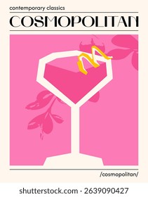 Elegant cosmopolitan cocktail. Vector illustration of classic alcoholic drink. Poster with trendy cocktail garnished with lemon. Contemporary poster for bar, restaurants and menu.