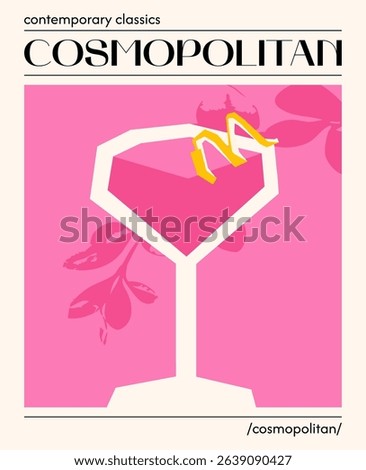 Elegant cosmopolitan cocktail. Vector illustration of classic alcoholic drink. Poster with trendy cocktail garnished with lemon. Contemporary poster for bar, restaurants and menu.