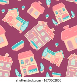 Elegant cottages on violet backdrop. Town house seamless pattern for wallpaper, wrap paper, sleepwear, bath tile or bed linen. Phone case or cloth print. Minimal style stock vector illustration